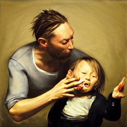 Prompt: thom yorke from radiohead devours his son, goya painting