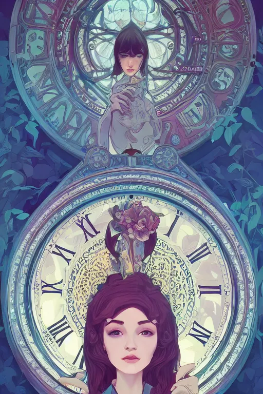 Image similar to portrait of the lady of time, clocks, intricate design, sharp features, detailed background, ambient lighting, 4 k, lois van baarle, ilya kuvshinov, rossdraws, alphonse mucha, jung gi kim, artstation