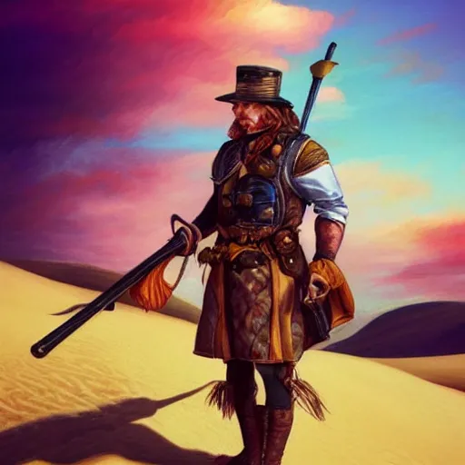 Image similar to a man holding a large blunderbuss. standing in a sand dune. colorful, bright, fantasy, artgerm, dnd, fantasy, rpg