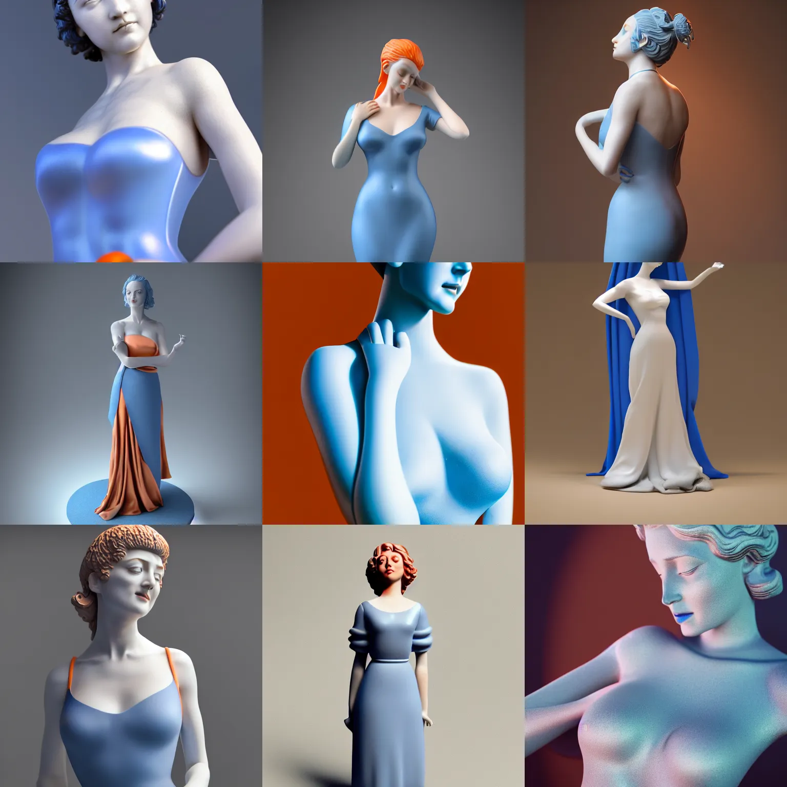 Prompt: statue of the perfect woman, porcelain, silver, blue soft details, soft!!, dark orange dress ( desgined by apple ), studio photo, octane render, studio lights, 5 0 mm lens