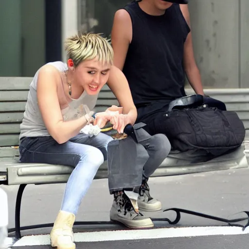 Image similar to miley cyrus sat on a bench eating cheese, thunderstorm, studio ghibli