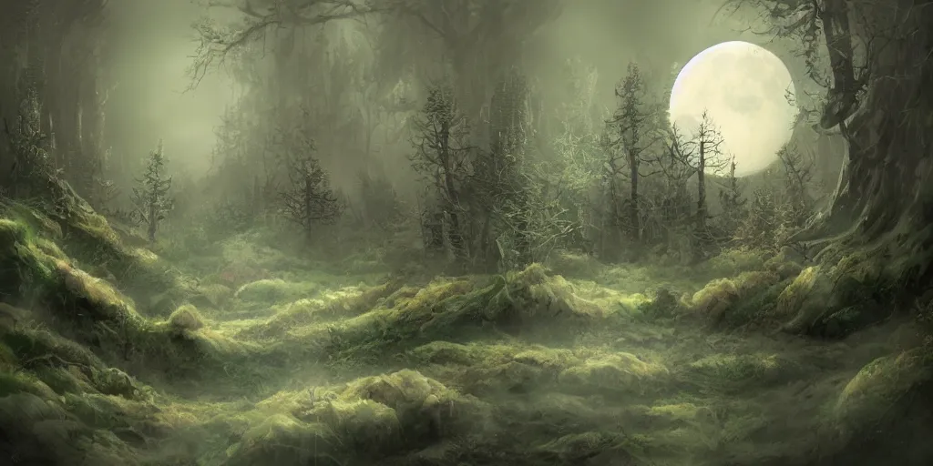 Image similar to dreamy moon forest, concept art, fantasy, magical, digital art, mixed media, trending on artstation