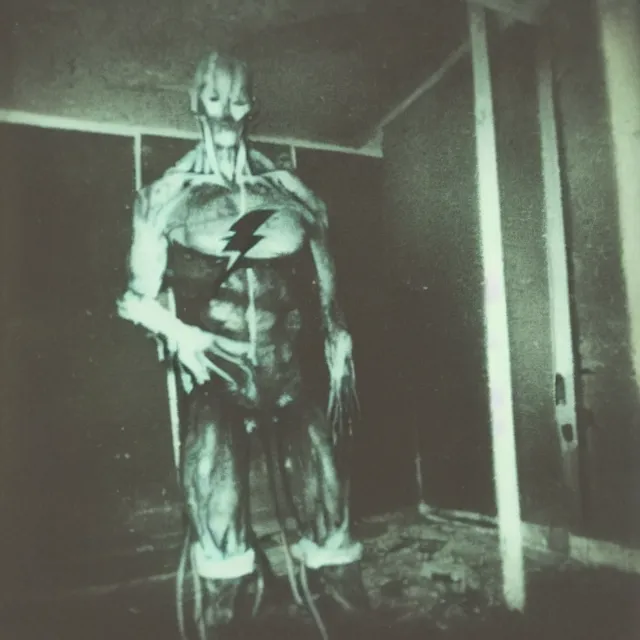 Image similar to found polaroid photo, flash, interior abandoned hospital, wired mutant creature standing