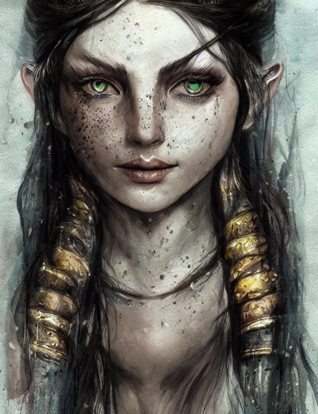 Image similar to portrait of a beautiful young sorceress from skyrim, beautiful eyes, long black hair, aquarelle, realistic painting, freckles, 2 / 4 headshot