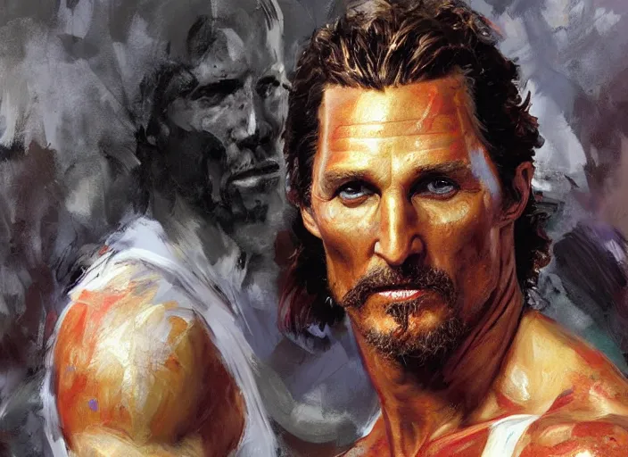 Image similar to a highly detailed beautiful portrait of matthew mcconaughey as kratos, by gregory manchess, james gurney, james jean