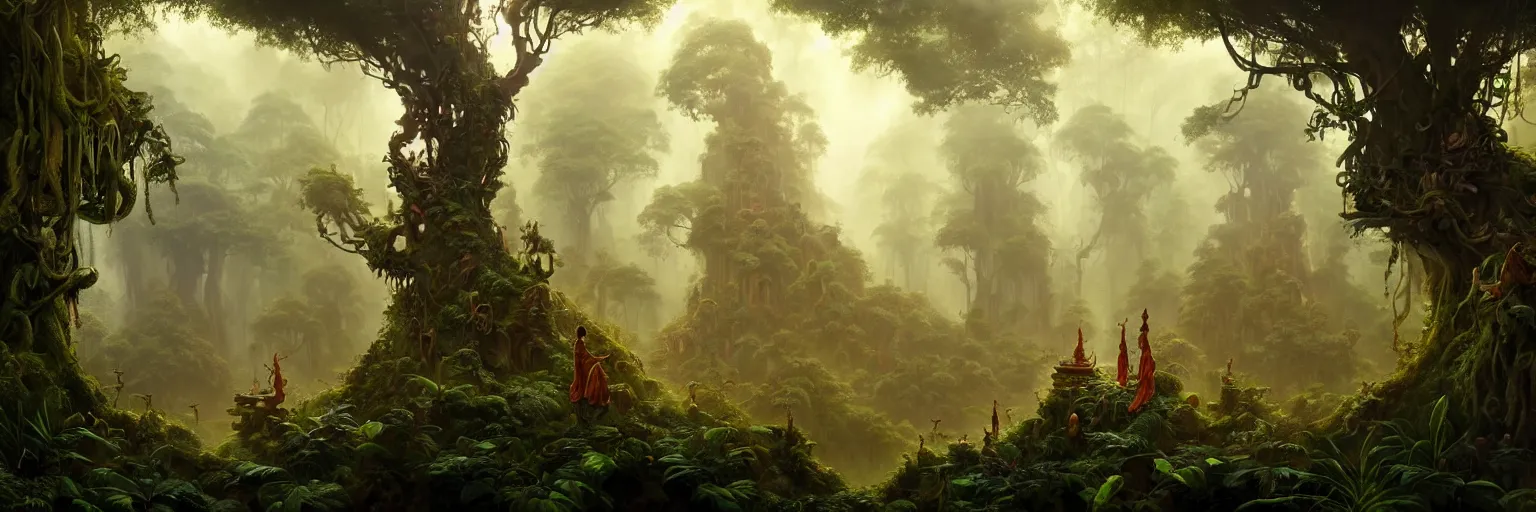 Prompt: Mysterious beautiful Buddhist forest, full of strange creatures and hidden buildings, forgotten ruined temples and ancient stone statues of forbidden sacred gods, jungle vines and fireflies, ayahuasca spirits drifting in the morning light, travellers beneath the giant trees, matte painting by Peter Mohrbacher, featured in artstation, octane render, cinematic, elegant, intricate, 8k