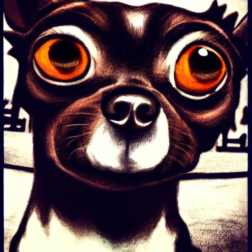 Image similar to a dark brown chihuahua, hyper detailed, in the style of junji ito, selfie angle