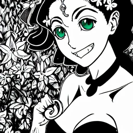 Prompt: a jojo's bizarre adventure manga artstyle colorful sketch : Jolyne Cujoh, smiling with her mouth shut, not looking at the camera, with a saint aureola, black and white, wearing a veil, shamrocks and lilies in the background by by hirohiko araki shonen jump, crisp details, realistic, featured on Artscape