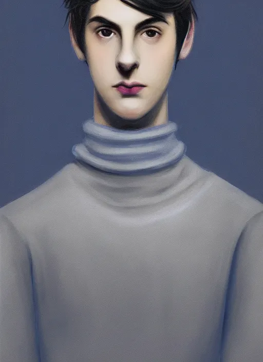 Image similar to portrait of teenage jughead jones wearing a light grey crown, crown, blue turtleneck, 1 9 5 0 s, closed eyes, photorealistic, black hair, glowing lighting, intricate, elegant, glowing lights, highly detailed, digital painting, artstation, concept art, smooth, sharp focus, illustration, art by wlop, mars ravelo and greg rutkowski