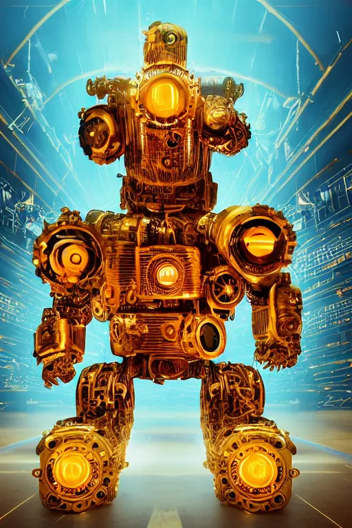 Prompt: portrait photo of a broken giant huge golden and blue metal broken steampunk robot with big gears and tubes all over the floor, eyes are glowing red lightbulbs, shiny crisp finish, 3 d render, 8 k, insaneley detailed, fluorescent colors, background is multicolored lasershow