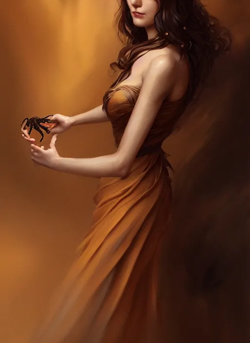 Image similar to portrait of a woman with brown hair wearing a flowing dress, holding her hand out with a scorpion on the hand, intricate, elegant, highly detailed, digital painting, artstation, concept art, smooth, sharp focus, illustration, art by wlop, mars ravelo and greg rutkowski