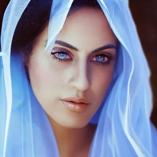 Prompt: Arab young Monica Belluci, tanned skintone, bright blue eyes, white transparent veil, light blue dress portrait