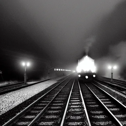 Image similar to a hyperdetailed black and white photograph of the flying scotsman on the rails producing lots of black smoke in an old timey city, night, dense fog, rain, hd, 8 k, cinematic, volumetric lighting