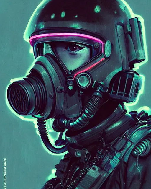 Prompt: detailed portrait neon female swat officer, cyberpunk futuristic, neon, gas mask, reflective puffy coat, decorated with traditional japanese by ismail inceoglu dragan bibin hans thoma greg rutkowski alexandros pyromallis nekro rene margitte, fire & smoke, illustrated, perfect face, fine details, realistic shaded, fine - face, pretty face