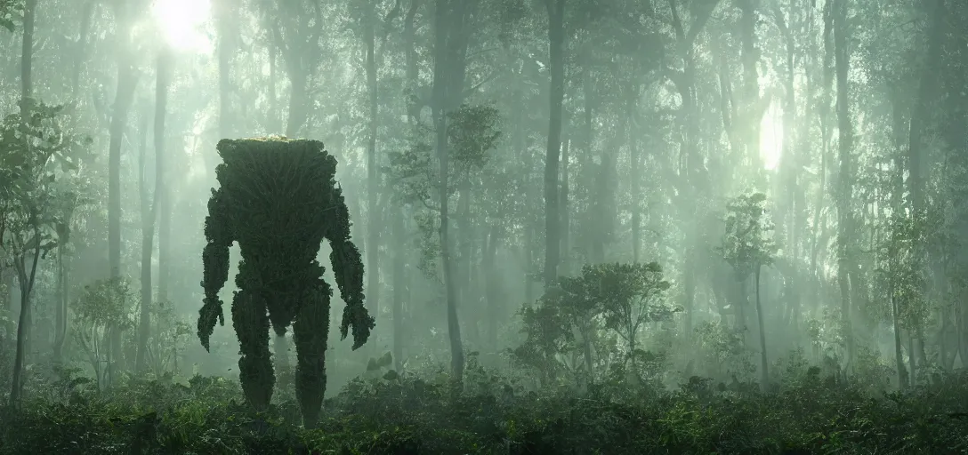 Image similar to a complex organic fractal 3 d metallic symbiotic ceramic humanoid megastructure creature in a swampy lush forest, foggy, cinematic shot, photo still from movie by denis villeneuve, wayne barlowe, sun rays, golden hour