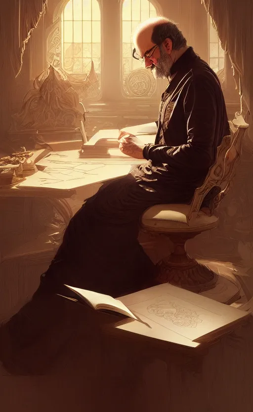 Image similar to portrait of salman rushdie writing, deep focus, d & d, fantasy, intricate, elegant, highly detailed, digital painting, artstation, concept art, matte, sharp focus, illustration, art by artgerm and greg rutkowski and alphonse mucha