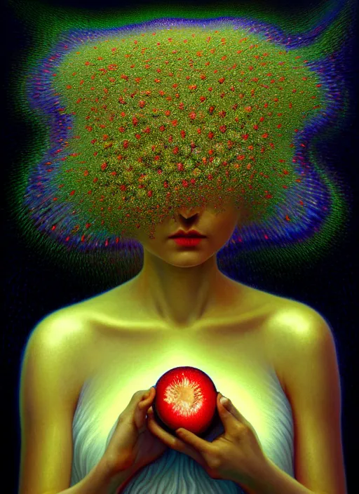 Image similar to hyper detailed 3d render like a Oil painting - Aurora (Singer) Eats of the Strangling Fruit of penance open eyes and Her Hands full of gossamer polyp blossoms bring iridescent fungal flowers whose spores black the foolish stars by Jacek Yerka, Mariusz Lewandowski, Houdini algorithmic generative render, Abstract brush strokes, Masterpiece, Edward Hopper and James Gilleard, Zdzislaw Beksinski, Mark Ryden, Wolfgang Lettl, hints of Yayoi Kasuma, octane render, 8k