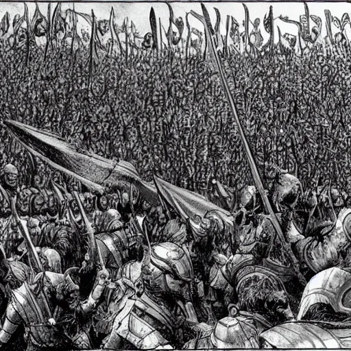 Prompt: enoumous crowd of people, as seen in the battle of helm's deep, but no weapons or armor present, everyone is laughing and pointing at donald trump standing on a podium. style of political cartoon.