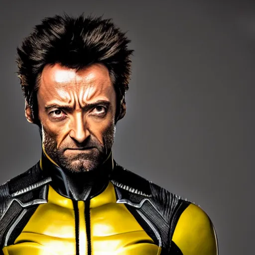 Image similar to Hugh Jackman wolverine in X-Men yellow and black costume, studio photograph, strong pose