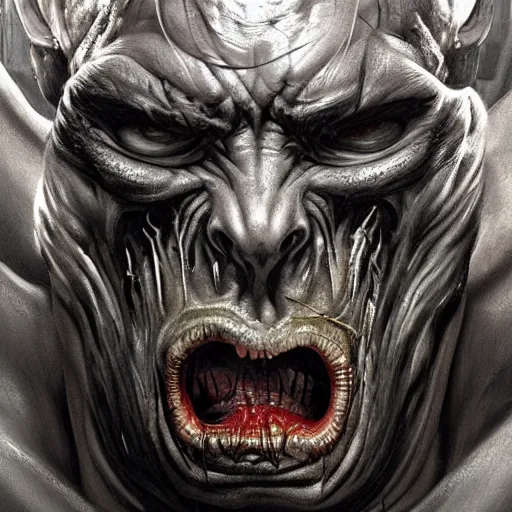 Image similar to Dark fantasy Painting of a hulking muscular demonic with drool dripping from its mouth, hr giger muscles, disgusting, creepy, unsettling, horror, upper body, intricate, wild, highly detailed, digital painting, artstation, concept art, smooth, sharp focus, illustration, art by artgerm and greg rutkowski and alphonse mucha