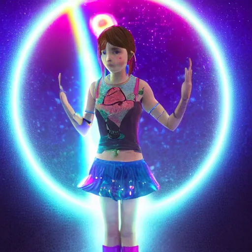 Image similar to 35mm macro shot portrait of an extremely cute and adorable Cyberpunk Prismatic Spectrum Cosmic Magical Girl Ellie (The Last of Us) from the Rainbow Sky Paradise playing Dance Dance Revolution at Eurovision and Tomorrowland, large piercing eyes, smirk, ambient occlusion, DAZ, cinematic lighting, 3D render, unreal engine 5, professional graflex photograph, flat vector art background