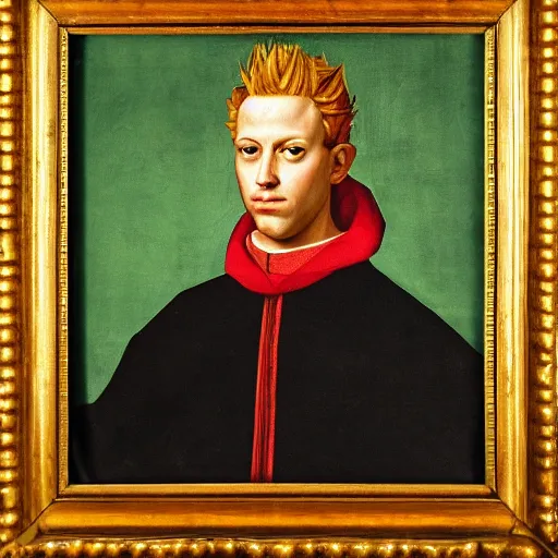 Image similar to a renaissance style portrait painting of Bart Simpson