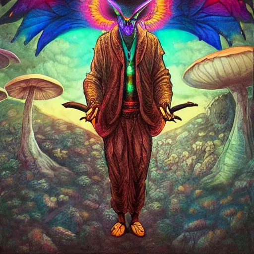 Image similar to A centered chest up portrait of a psychedelic godlike mothman with giant mandala wings smoking a hand-rolled cigarette smoking heavily , magic mushroom village in background , award winning. superb resolution. in the art style of junji Ito and greg rutkowski . Detailed Mushroom city in background. Hyper realistic anime. Perfect art. Dalle2