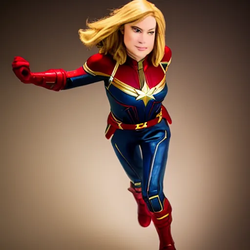 Image similar to captain marvel from the comics as a real person, 5 0 mm, studio lighting