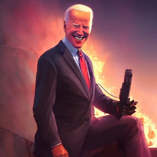 Image similar to joe biden smiling while behind him the world is burning, dramatic lighting, cinematic, establishing shot, extremly high detail, photorealistic, cinematic lighting, artstation, style by James Gurney