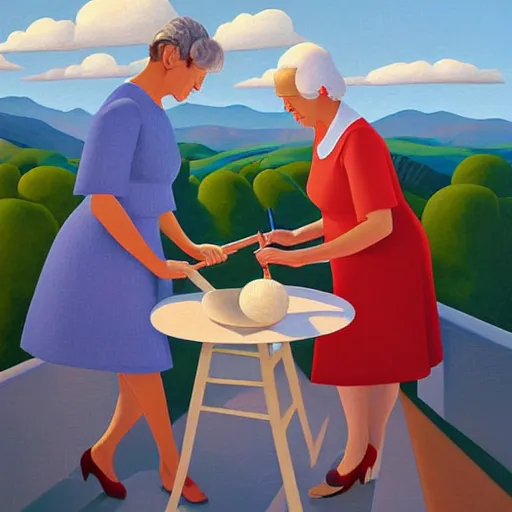 Prompt: old ladies knitting, blue sky, summer evening, a painting by kenton nelson