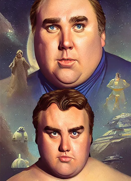 Image similar to hyper realistic, zoomed out portrait of john candy in star wars as leia, stoned, by greg rutkowski, scott m fischer, artgerm, loish, slight glow, atmospheric, anne stokes, alexandros pyromallis