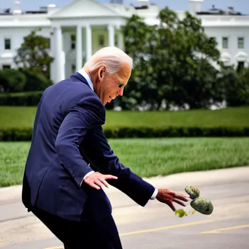 Image similar to Joe Biden Throwing A small green toad at you in front of the white house, photo