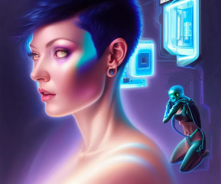 Image similar to beauty woman with short blue hair in holograms of alien artifacts, electrical case display, total recall tech, ultrarealistic, dramatic lighting, electrical details, high details, 4k, 8k, best, accurate, trending on artstation, artstation, photorealism, ultrarealistic, digital painting, style of Peter Mohrbacher, Caravaggio, Boris Vallejo