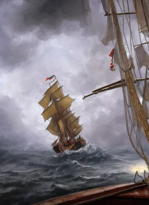 Image similar to close - up portrait of a male sailor with two peglegs and two hook hands in foreground, fat obese seaman with beard, steering the rudder wheel of a wooden galleon tallship through a rain and lightning storm. view from on deck, sails masts rigging ropes pulleys, detailed dynamic light painting by peter mohrbacher