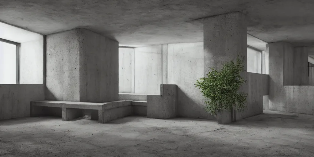 Image similar to a brutalist concrete furnished room, brutalism, interior design, vegetation, nature decoration. render, photorealism, beautiful, cinematic dramatic atmosphere, volumetric cinematic perfect light, detailed octane render trending on artstation, 8 k, by chris hytha and jag studio