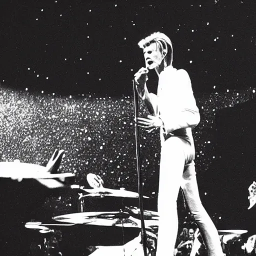 Prompt: “ david bowie performing to a crowd that are floating in an asteroid belt ”