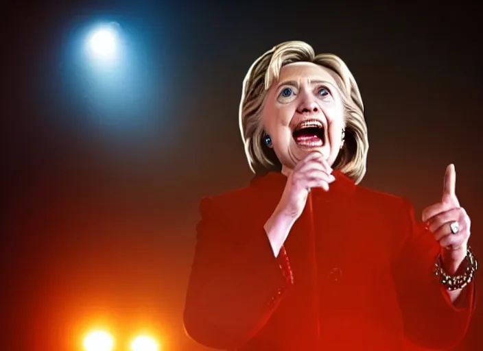 Image similar to publicity photo still of hillary clinton in a death metal band playing live on stage, 8 k, live concert lighting, mid shot