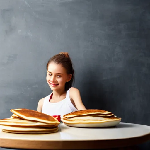 Prompt: photorealistic image of a beautiful girl cooks delicious pancakes in a minimalist kitchen with white walls, a red oak table.