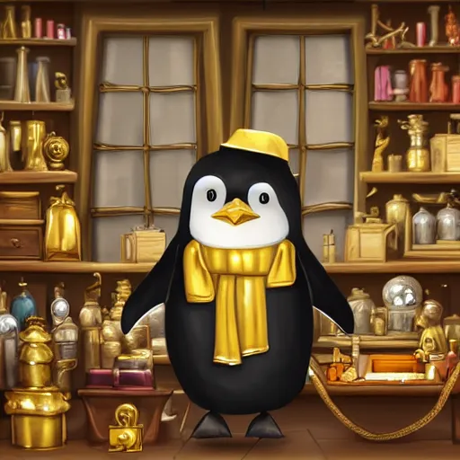 Image similar to Anthropomorphized penguin trader in his shop, selling his wares, portrait, items, gold, magic potions, carpet, window, fancy hat, sly expression , cunning expression, cute expression, long thick shiny gold beak, presenting wares, holding a gold bag, D&D, fantasy, cinematic lighting, highly detailed, digital painting, artstation, concept art, smooth, sharp focus, illustration, warm light, cozy warm tint, magic the gathering artwork, volumetric lighting, 8k, art by Akihiko Yoshida, Greg Rutkowski