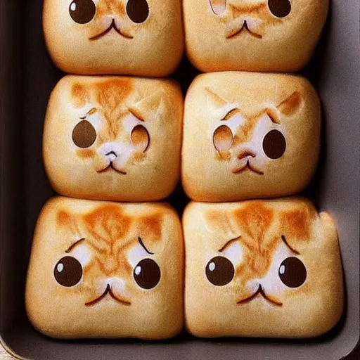 Prompt: photo of yeast rolls that look like cats with cute cat faces