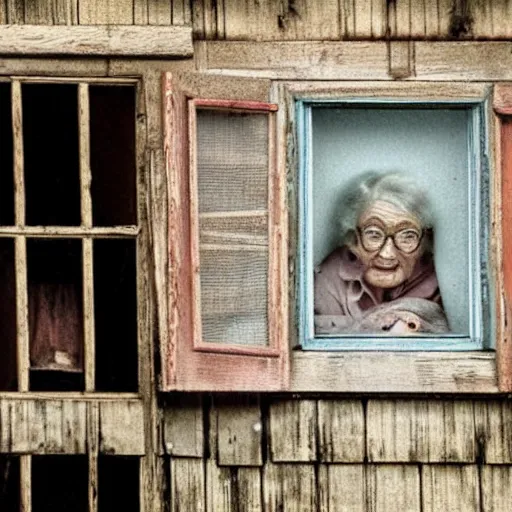 Image similar to creepy old lady looking through a window, cabin in the woods