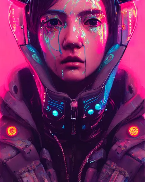 Image similar to detailed portrait Neon Operator Girl, cyberpunk futuristic neon, reflective puffy coat, decorated with traditional Japanese ornaments by Ismail inceoglu dragan bibin hans thoma greg rutkowski Alexandros Pyromallis Nekro Rene Maritte Illustrated, Perfect face, fine details, realistic shaded, fine-face, pretty face