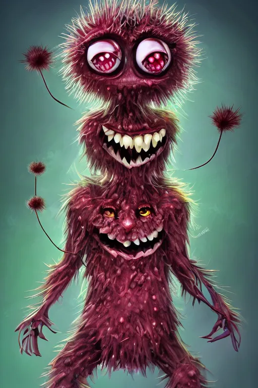 Image similar to a humanoid figure dandelion raspberry monster, large eyes and menacing smile, highly detailed, digital art, sharp focus, trending on art station, anime art style