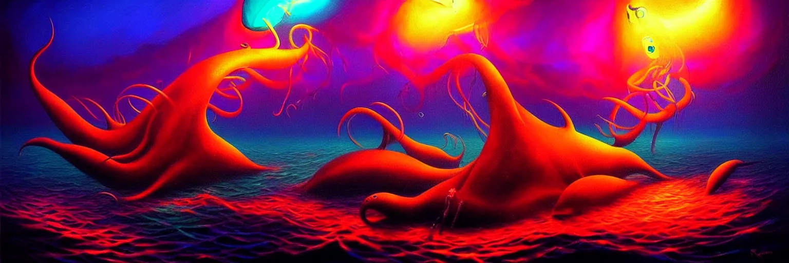 Image similar to strange sea creatures from the depths of the collective unconscious, dramatic lighting, surreal darkly colorful painting by ronny khalil