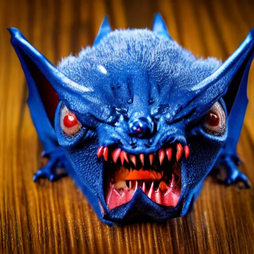 Image similar to detailed full body of scary giant mutant dark blue humanoid pygmy-bat, glowing red eyes, sharp teeth, acid leaking from mouth, realistic, giant, bat ears, bat nose, bat claws, bat wings, furred, covered in soft fur, detailed, 85mm f/1.4