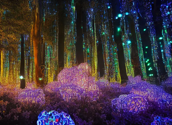 Prompt: a magical forest with crystal flowers that glow in the dusk, low gamma, low exposure ,