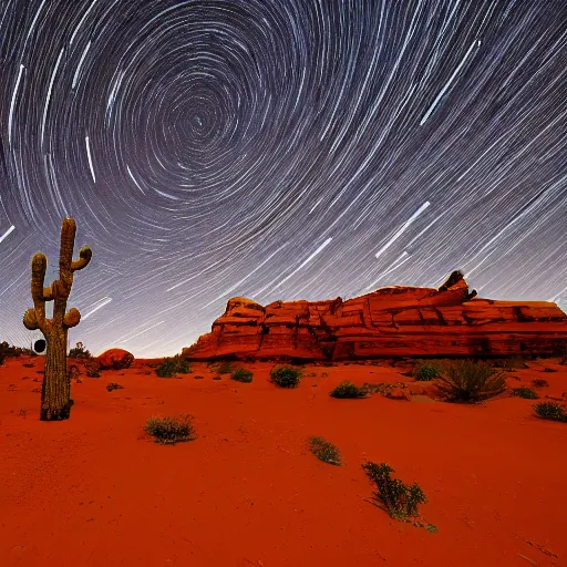 Prompt: wide angle landscape photograph long exposure of star trails in the desert in utah, 4 k photo