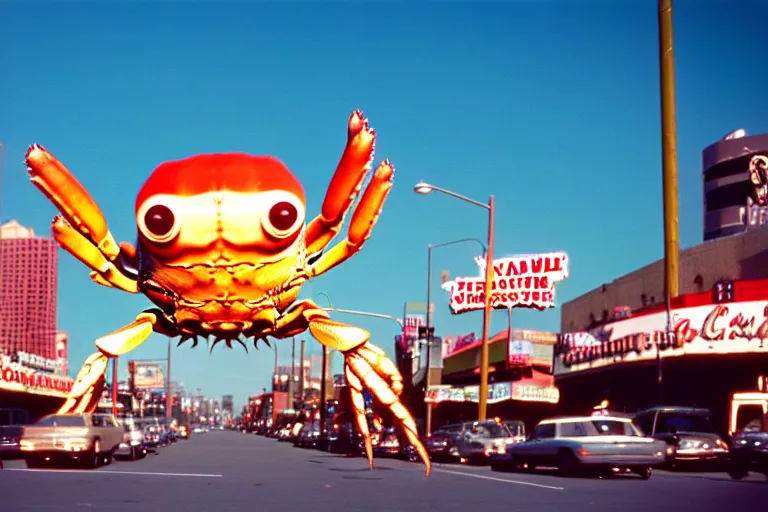 Image similar to 2 0 1 5 cute giant crab terrorizing a city, googie city, americana, fishcore, hd 8 k, photography cinestill