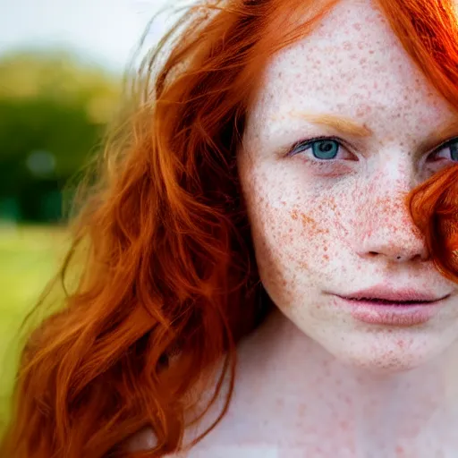 Image similar to close up hald face portrait photograph of a redhead woman with stars in her irises, and freckles. Wavy long hair. she looks directly at the camera. Slightly open mouth, face covers half of the frame, with a park visible in the background. 135mm nikon. Intricate. Very detailed 8k. Sharp. Cinematic post-processing. Award winning portrait photography