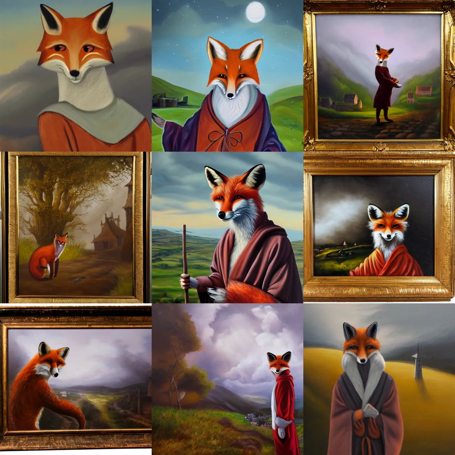 Prompt: oil painting of an anthropomorphic fox in a robe overlooking a village in the moor, dramatic lighting, overcast weather, highlands, anthro fox in a robe, furry